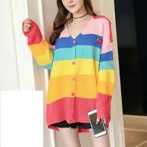Rainbow Stripe Applique Heart Boring V-Neck Long Sleeve Knit Cardigan Sweater